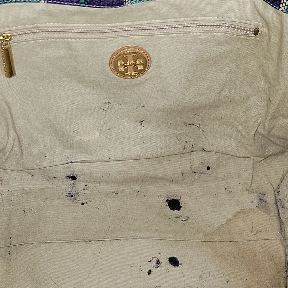 Tory Burch Ella Purple and Green Striped Tote Bag